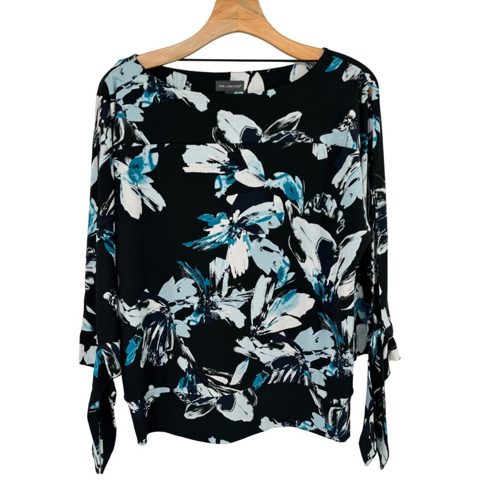 The Limited blue Floral Print Blouse top size medium 3/4 open sleeve knit